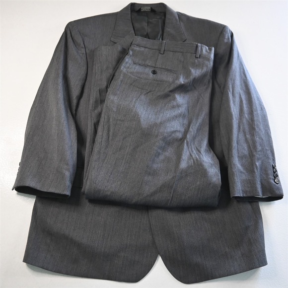 Jos A Bank 48R 42x29 Gray Herringbone 100% Wool Mens Jacket Pants Suit